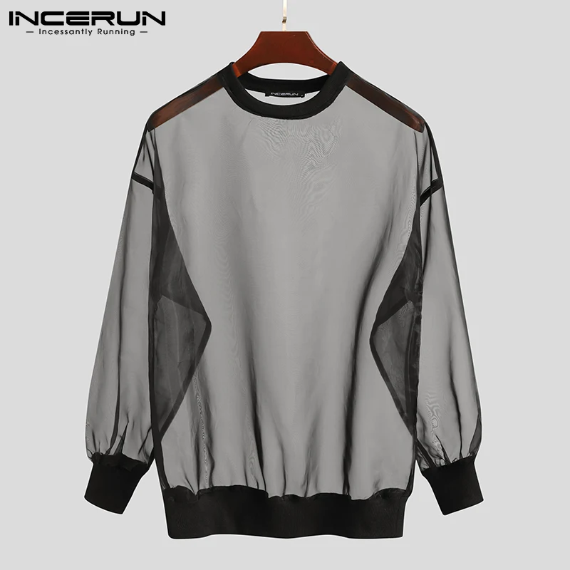 

INCERUN Tops 2021 Men's T-Shirt See Through Breathable Mesh All-match Long Sleeve Leisure Camisetas Party Nightclub Tees S-5XL