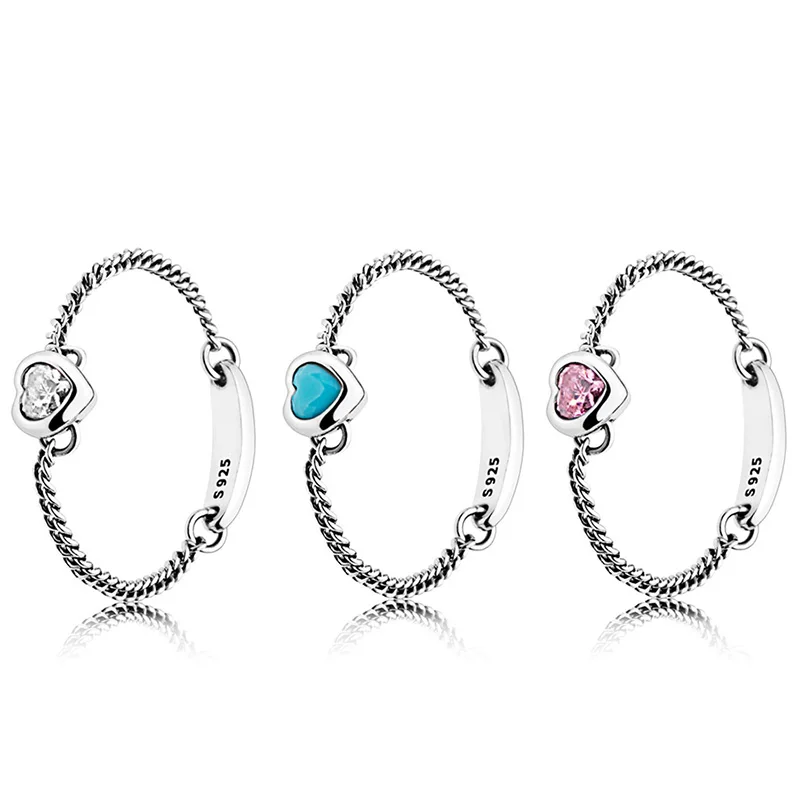

3 Style 925 Sterling Silver Ring Charms Pink Blue Transparent Crystal Thread Ring For Women Jewelry