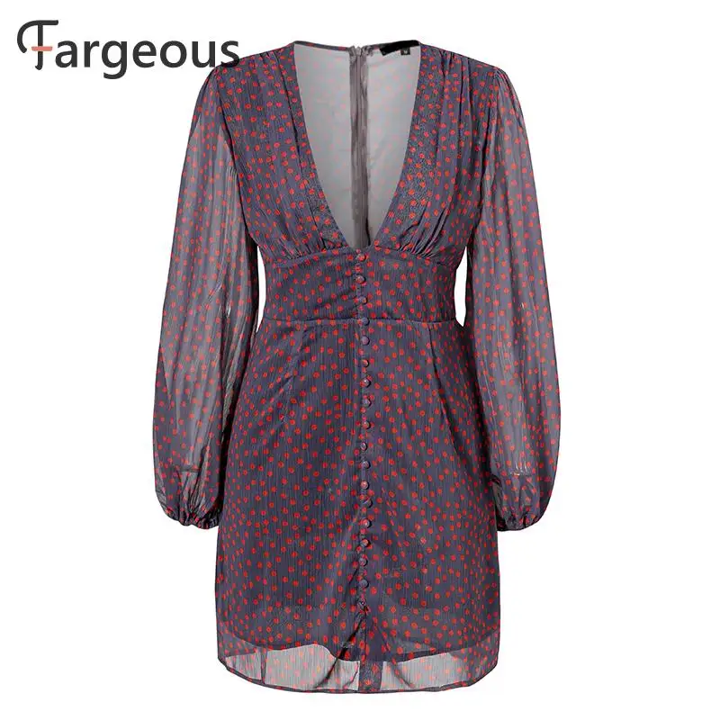 Fargeous, зимнее женское платье, сексуальное, глубокий v-образный вырез, длинный рукав, короткое платье, для девушек, модное, фиолетовое, в горошек, шифоновое, мини-платье