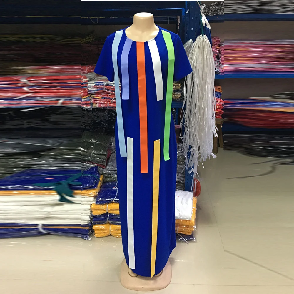 

Colorful Ribbon Patchwork Plus Size Dress Women Casual Round Neck Short Sleeve Maxi Dresses Office Lady High Waist Party Dress