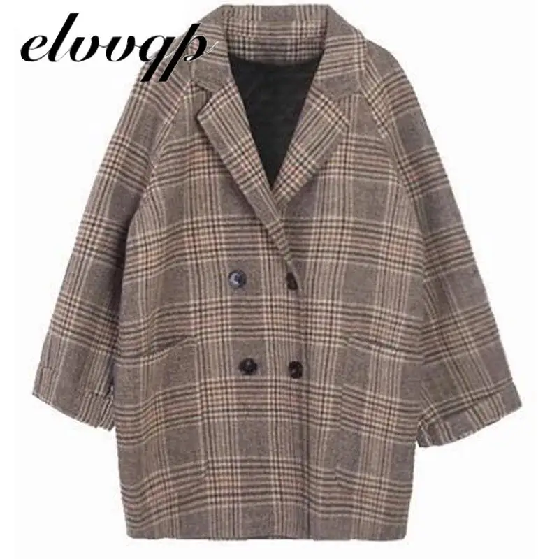 

2020 New Chic Plaid Woolen Women Jacket Elegant Office Lady Pockets Work Coat Ladies Loose Double Breasted Outerwear Tops