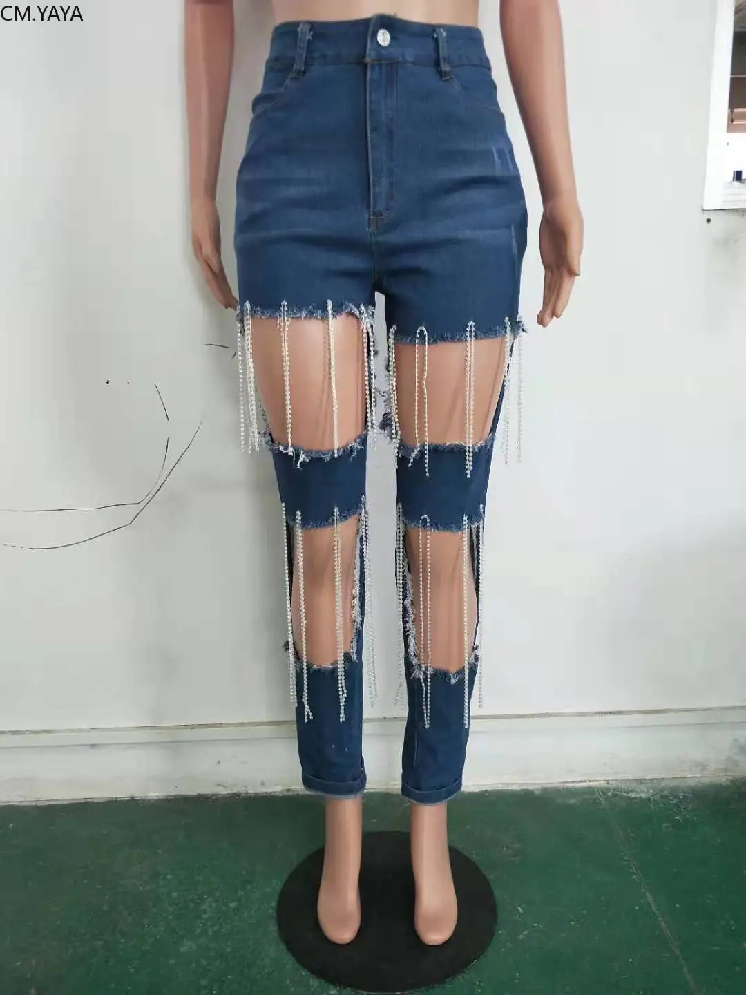 GL зимние джинсовые брюки женские Ретро рваные джинсы жемчуг с отверстиями