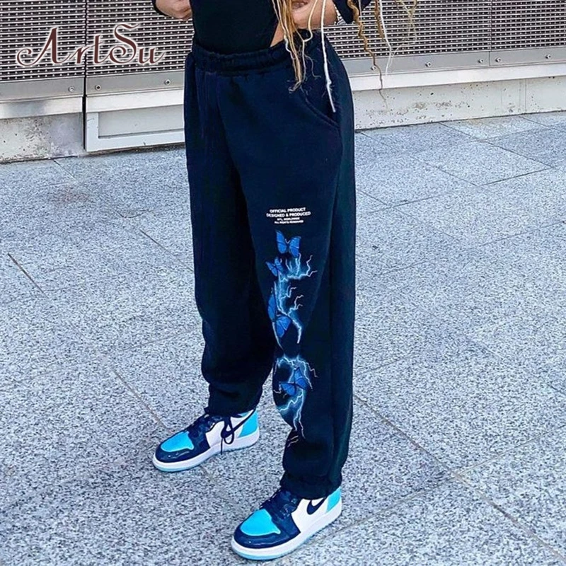 

ArtSu Black Casual Pants Long Trousers Women Butterfly Printed Punk Style Streetwear Harajuku Elastic High Waist Pants Bottoms