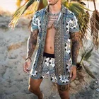 Мужской комплект из 2 предметов, Пляжная рубашка с коротким рукавом и шорты, на пуговицах, с принтом в гавайском стиле, повседневный уличный костюм, лето 2021