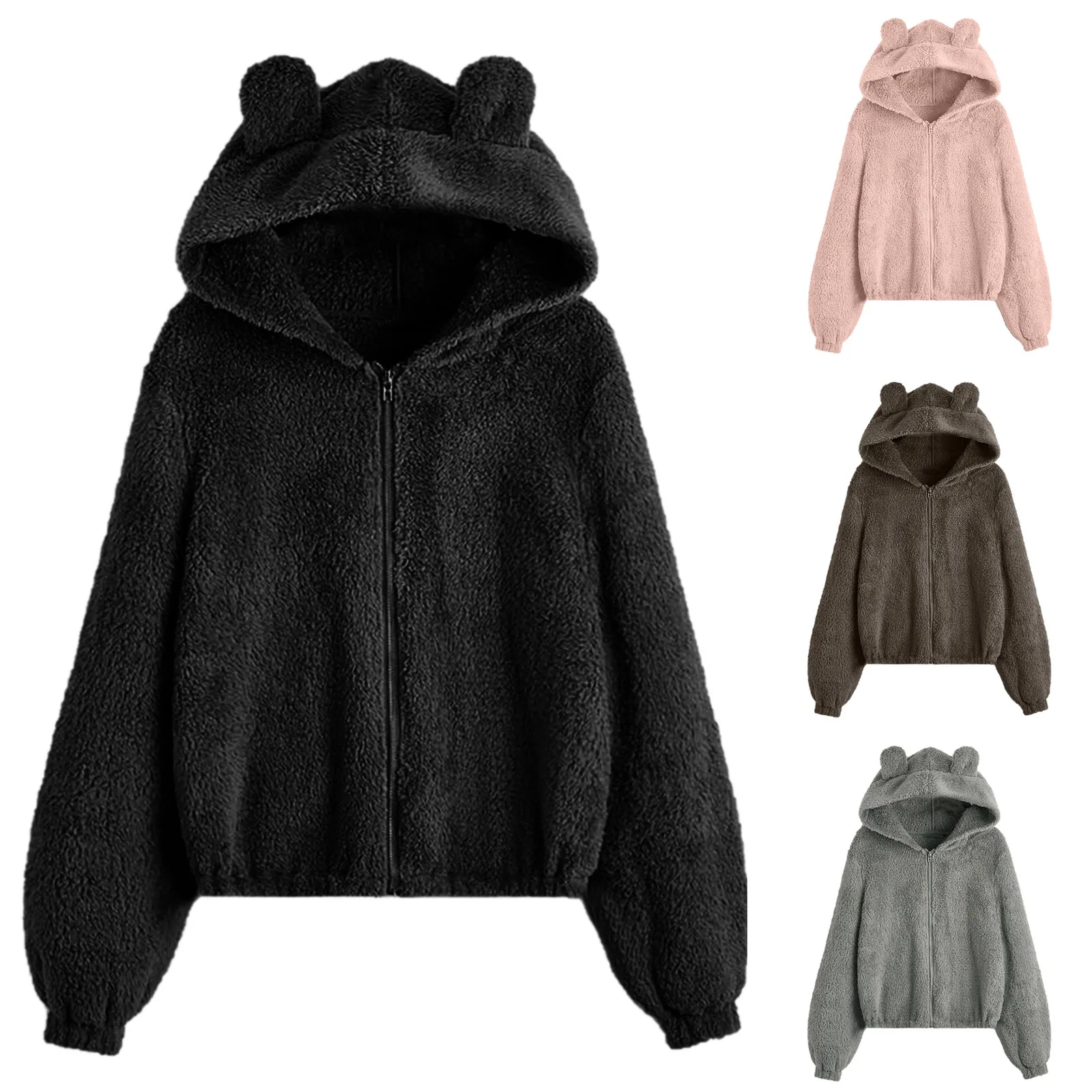 

2021 Winter Hoodies Women Oversized Solid Plush Warm Sweatshirts Jacket Harajuku Cat Ear Full Zipper Female Clothes Sudaderas