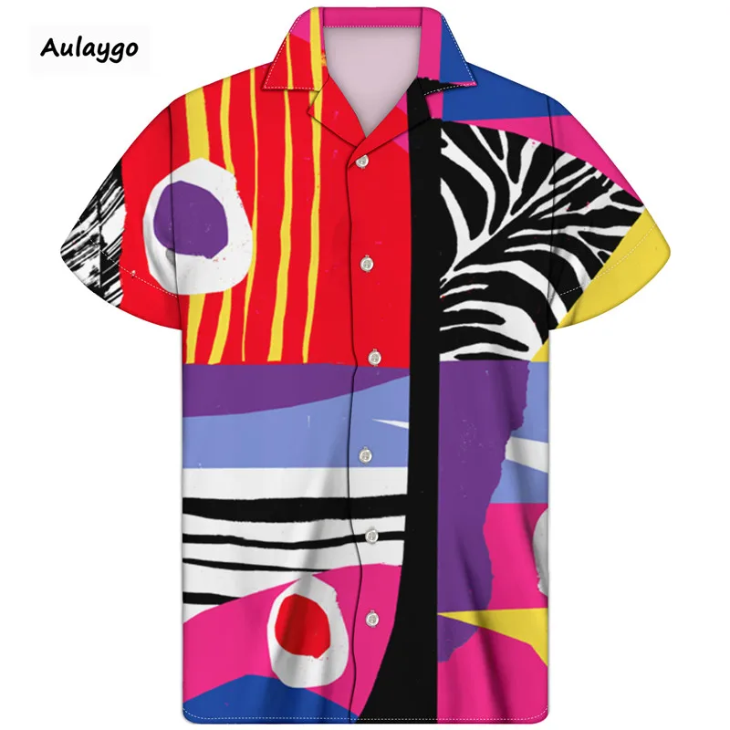 Man Cuban Shirt Stitching Pattern Streetwear Summer Cloth Short Sleeved Turn-down Collar 2020 Thin And Breathable Men's Shirts | Мужская