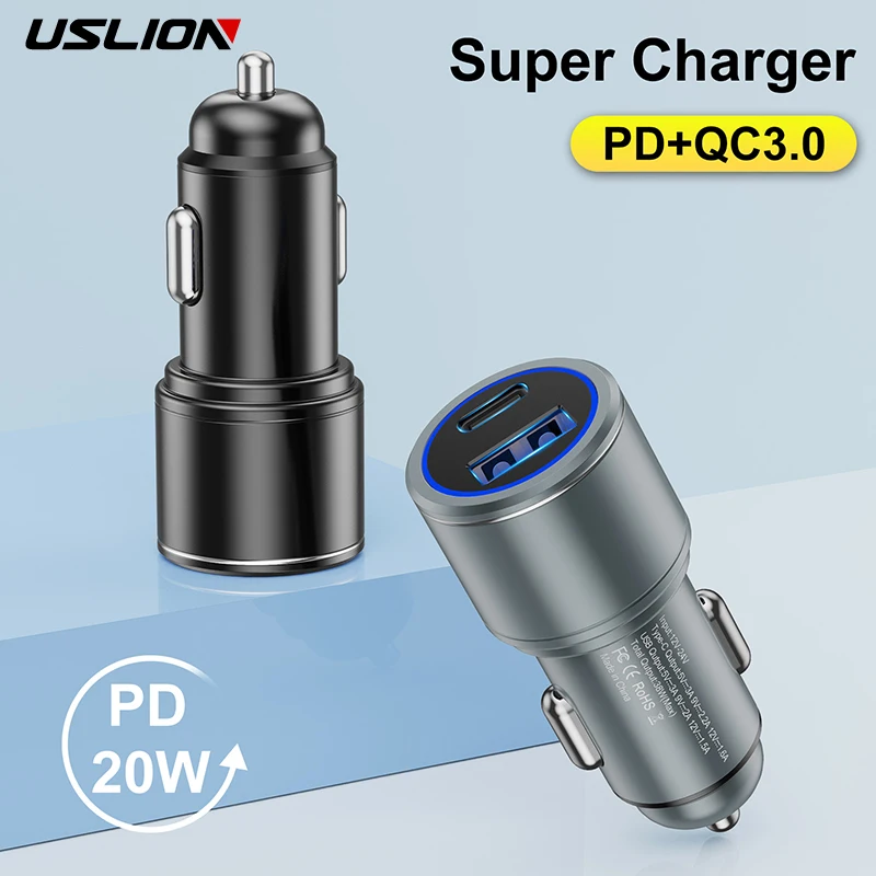 Автомобильное зарядное устройство USLION USB PD, 20 Вт, быстрая зарядка, зарядное устройство типа C для iPhone 13, Xiaomi, MacBook, USB C, автомобильное зарядное устройство из алюминиевого сплава