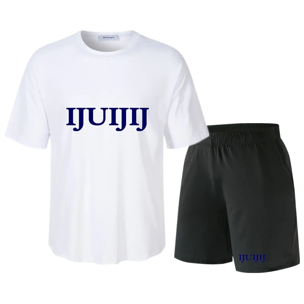 

100% Cotton Men Tshirts Long Shorts Two Piece Set Solid Color Letter Print Short Sleeve Tops + High Waist Drawstring Sweatpants