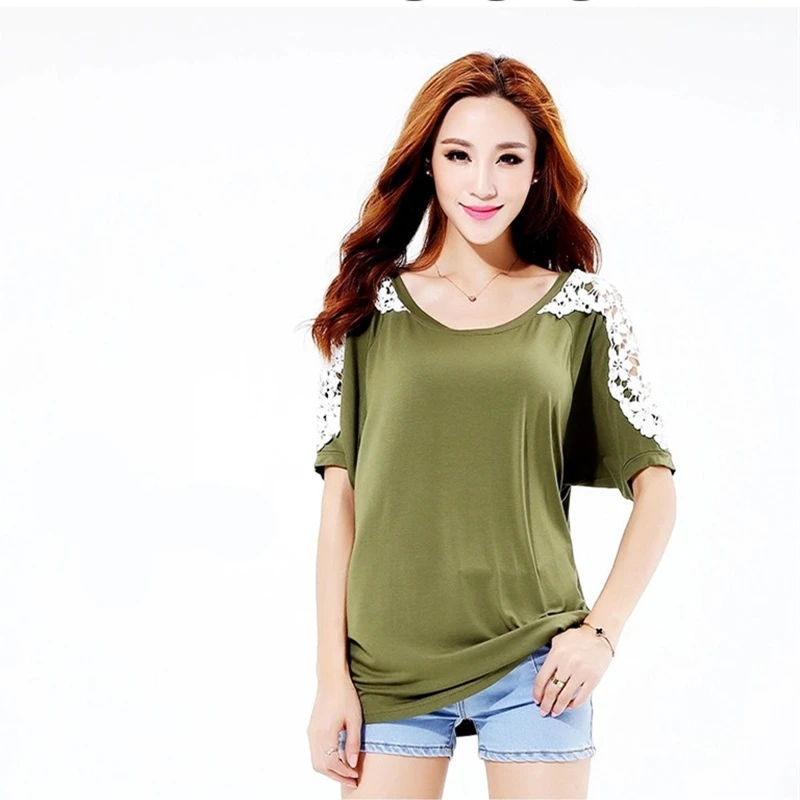 Большой Размеры свободные летние футболки размера плюс патч Кружевная футболка