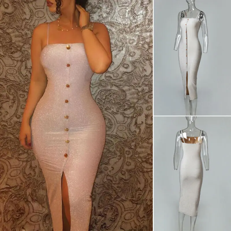 Женское облегающее платье без рукавов повседневное блестящее средней длины на