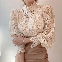 women sexy lace hollow shirt stand up collar petals long sleeved stitching t shirt fashion spring single breasted lace shirt