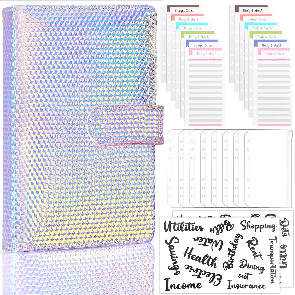 

A6 Colorful Notebook with Zippe Pockets Sticker 6 Ring Loose Leaf Inner Page Paper Planner Binder Cover Notepad Stationery