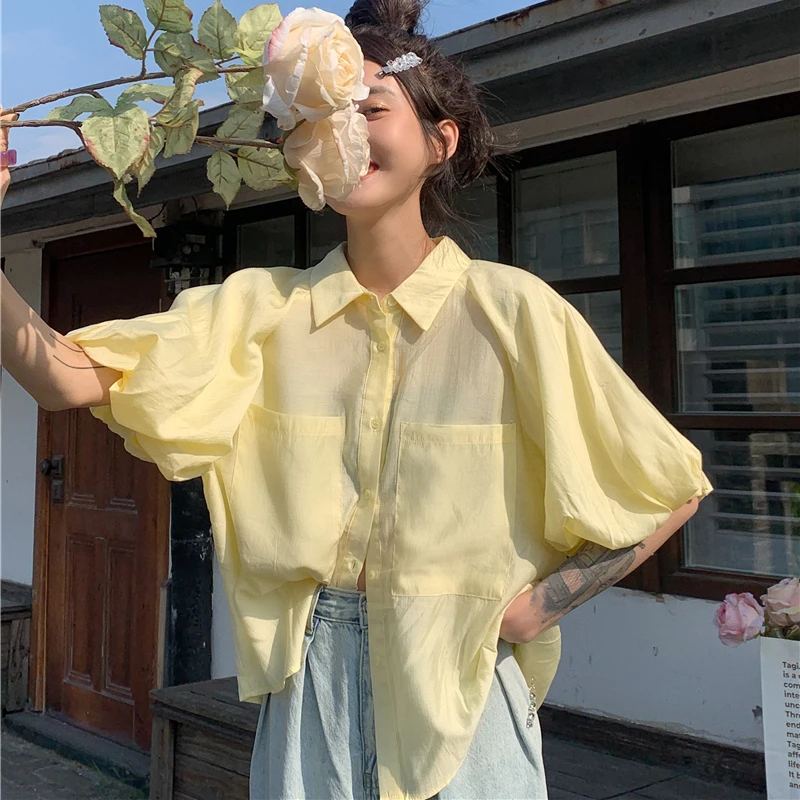 

shirt, Hong Kong style, summer polo collar, retro thin and versatile, new loose short sleeve top for women in 2021