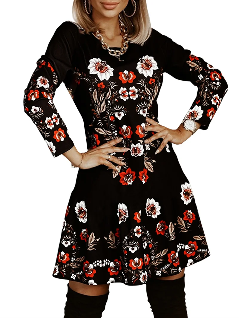

Women’s Casual Long Sleeve Knitted Dress Vintage Flower/Christmas Printing High Waist Short Dress
