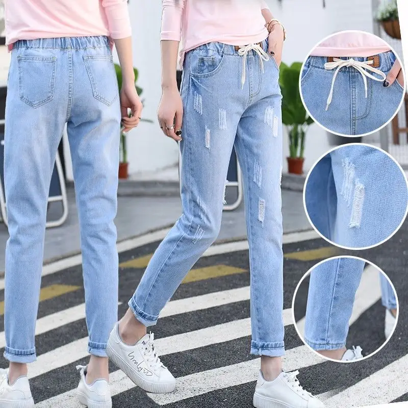 

Women Jeans Harem Ankle-length Trousers Female Elastic Waist Blue Washed Simple Plus Size Fashion Casual Loose Clothes