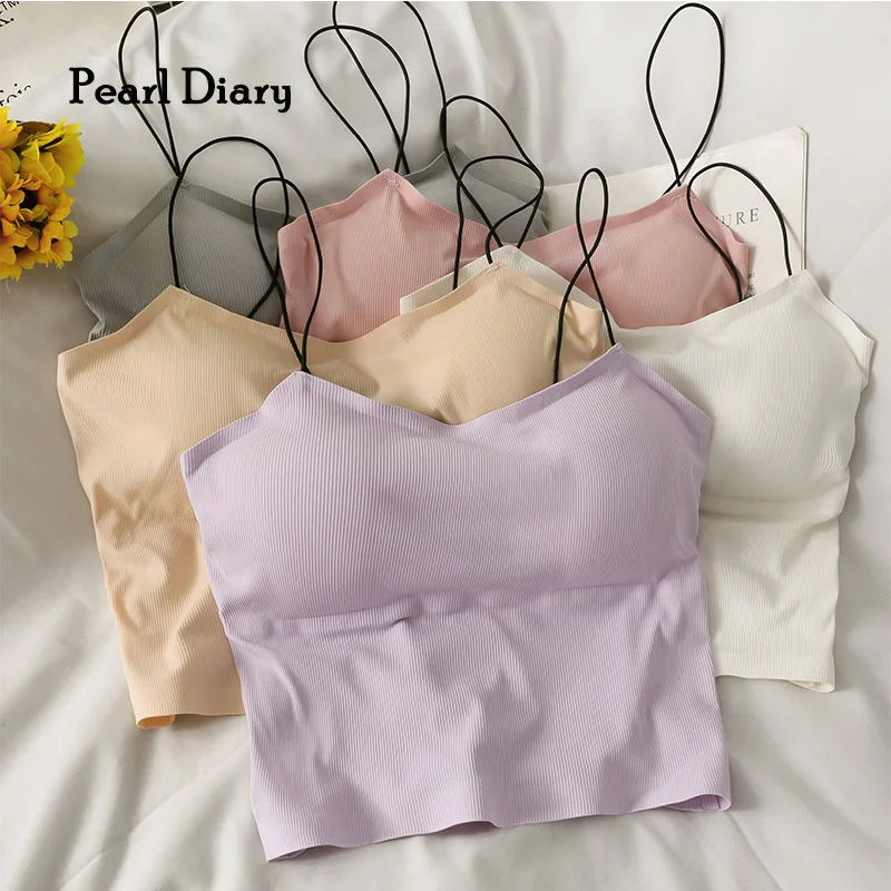 

Pearl Diary Women Rib Bra Tops Summer Comfortable Seamless Bra Spaghetti Strap Wirefree Underwear Sexy Solid Color Bralette Tops