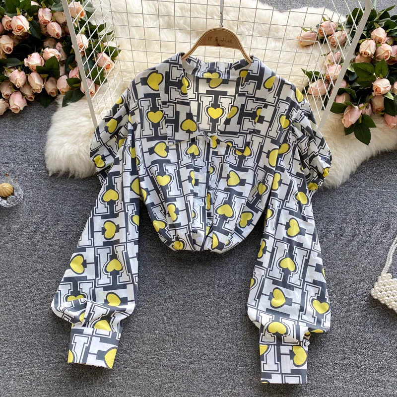 

A377 Women New Fashion Love Printed Lapel Shirt Autumn Slim Long Sleeve High Street Elegant Blouse Tops
