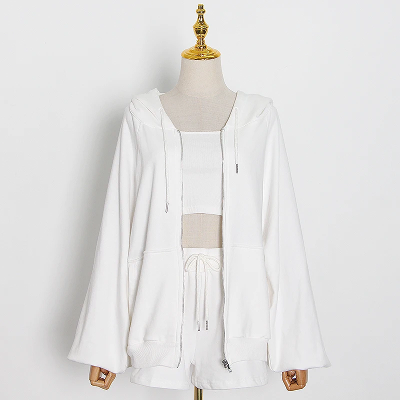 

TWOTWINSTYLE Solid Three Piece Set For Women Short Tank Tops Hooded Collar Jacket Wide Leg Loose Shorts Casual Sets Female 2021