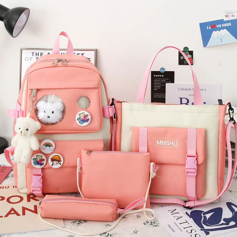 

Schoolbag Backpack 4 Piece Set High School Backpack Bags for Teenage Girl 2021 Canvas Fashion Travel Women Teen Student Bookbags