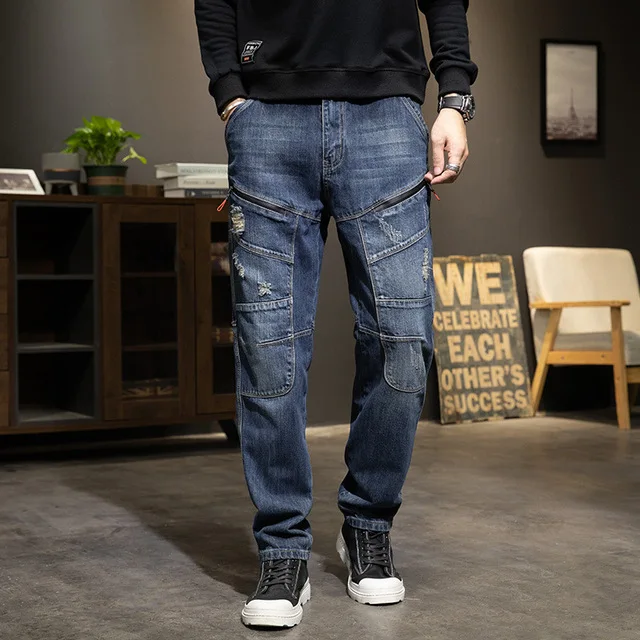 Men Jeans Straight Slim Trendy Personality Stitching Diagonal Pockets  Baggy Denim Pants