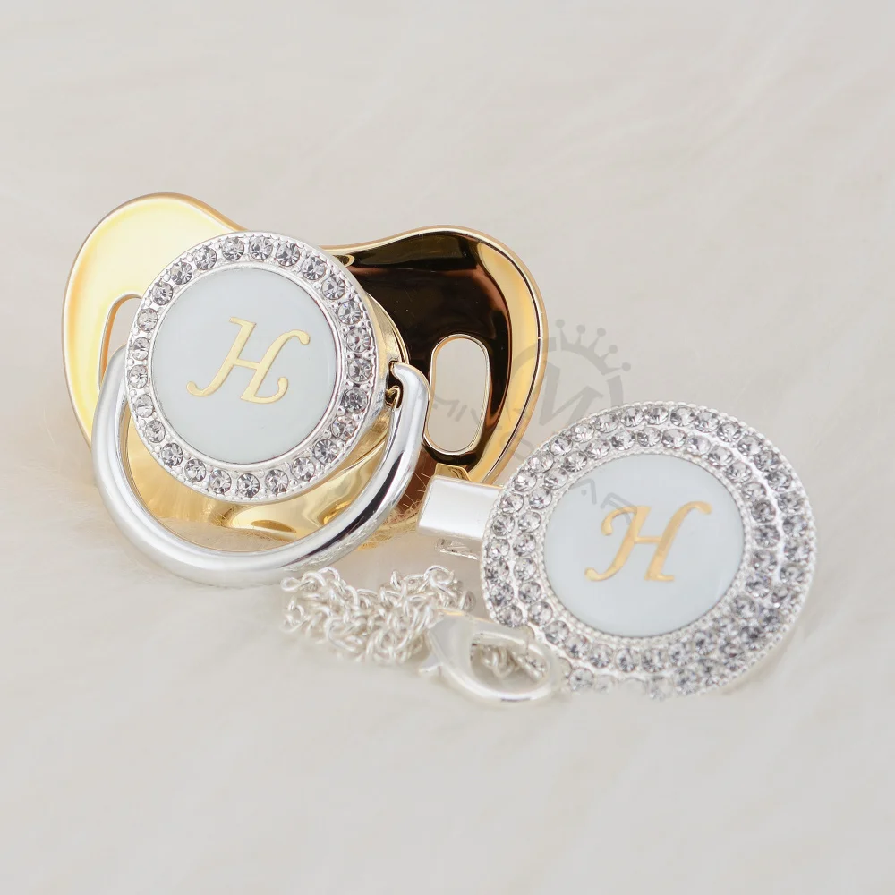 MIYOCAR-chupete ostentoso con iniciales plateadas, juego de chupete con clip, sin BPA, regalo para baby shower, LH-1-2
