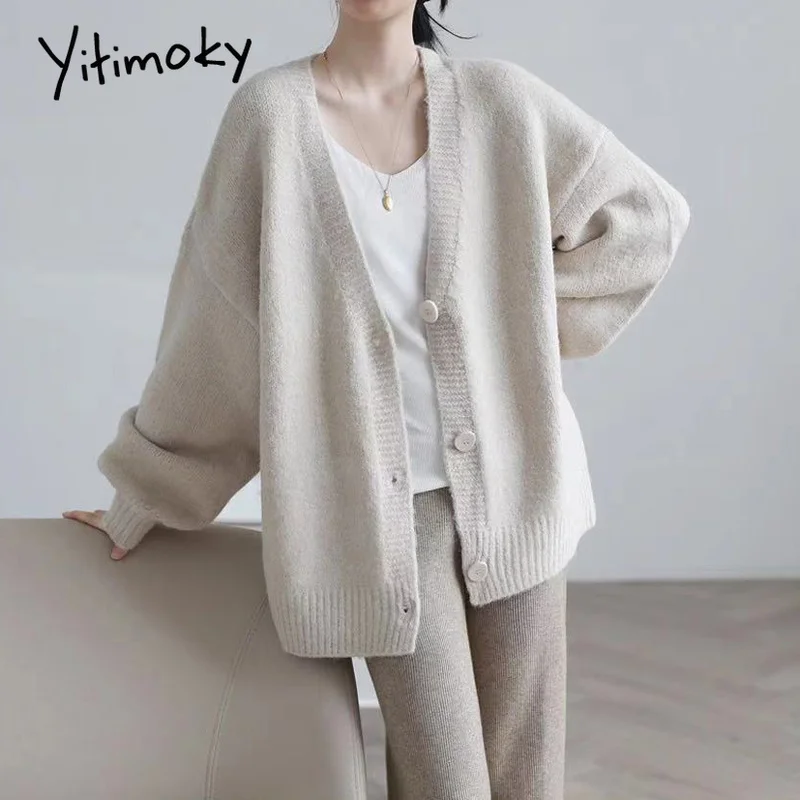 

Женский трикотажный кардиган Yitimoky, осенняя коллекция 2021, Новая женская Повседневная однобортная Свободная куртка с V-образным вырезом, Черн...