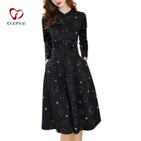 black printed long dress autumn long sleeve slim butterfly printing button office lady women dresses pleat hem