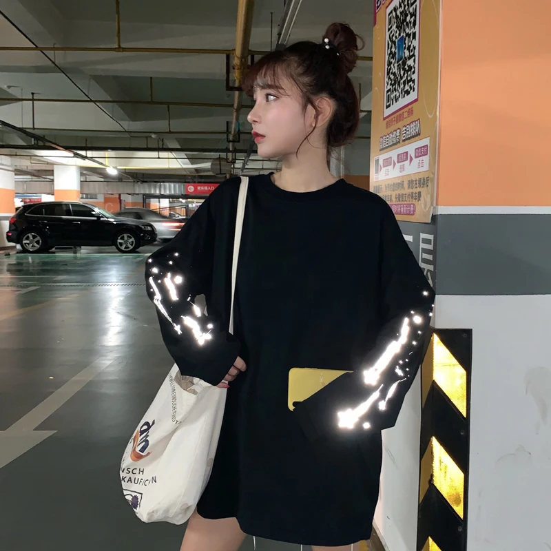 Harajuku светоотражающий принт с длинным рукавом корейская мода Женская одежда roupas