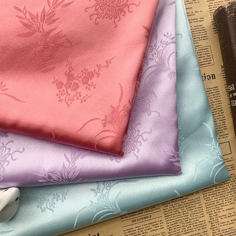 

Chinese Style Plum Jacquard Satin Imitation Silk Fabric For Dress, Cheongsam And Hanfu