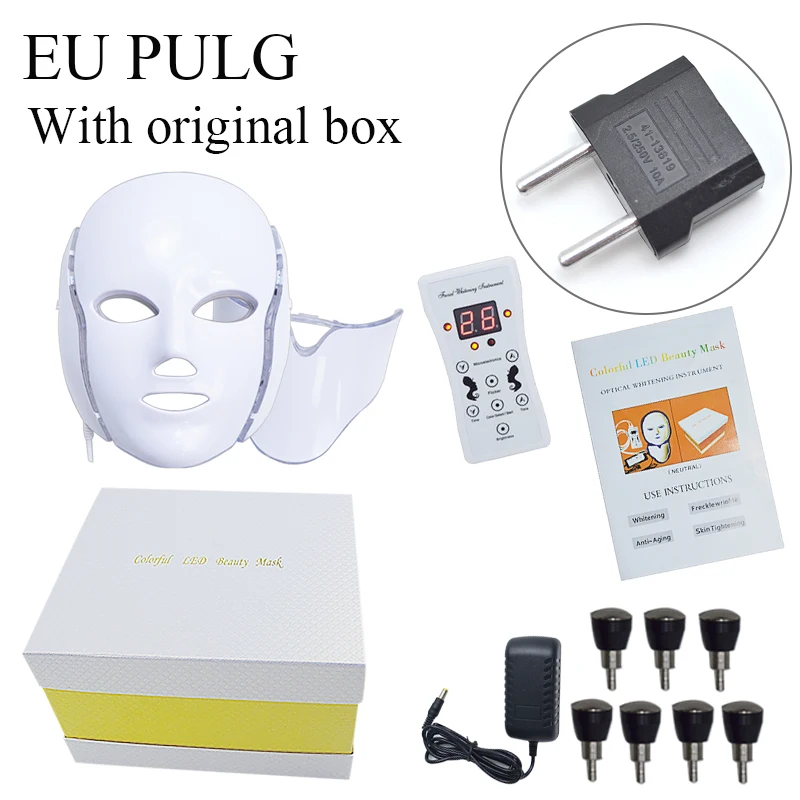 with gift box EU Licheng 7 цветов электрическая светодиодная маска для лица с омоложением кожи шеи против акне и морщин для салонов красоты для домашнего использования - Цвет: with gift box EU