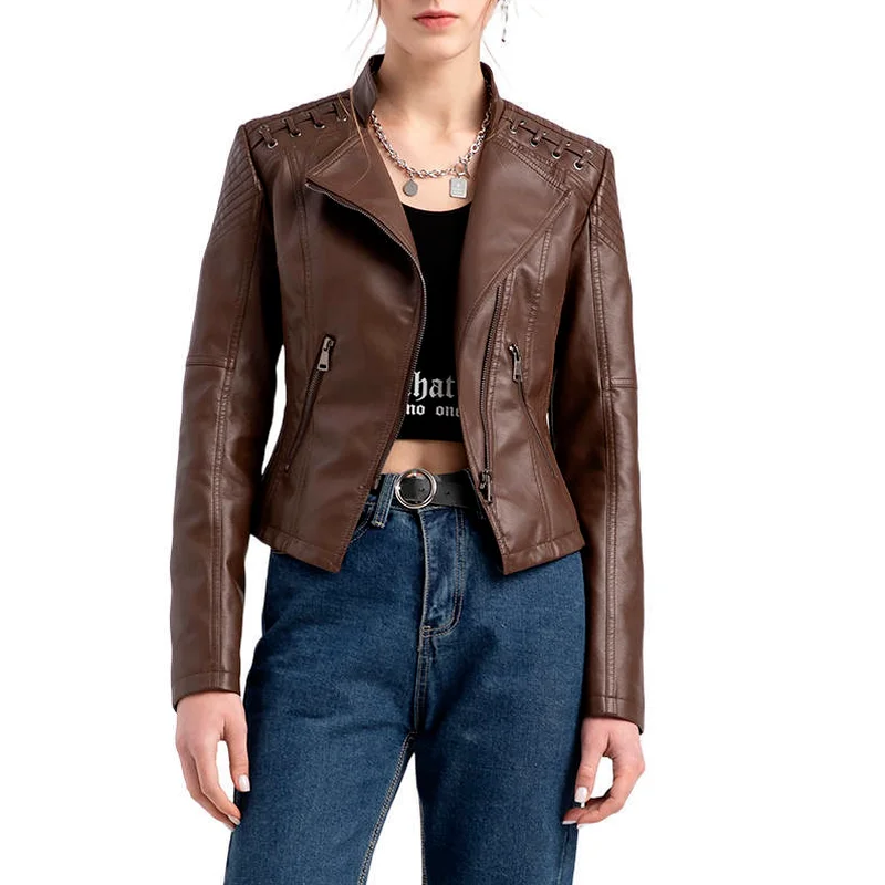 

Fashion Leather Jackets Women PU Motorcycle Tops Short Style Slim Fit Ladies Coat Nice Spring Autumn Faux Leather Outerwears