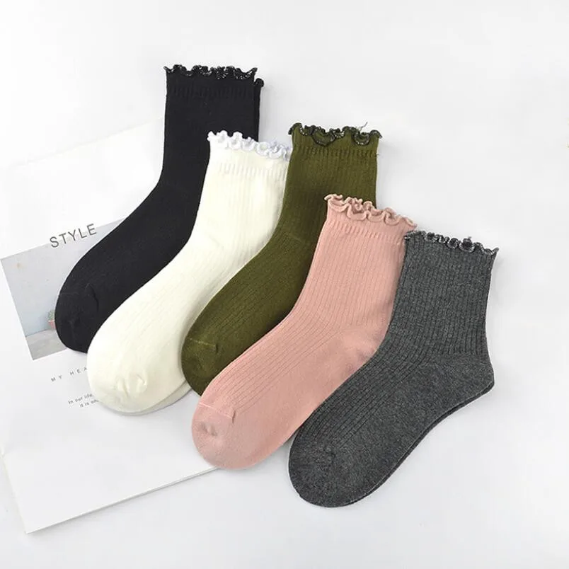 Lurex Cuff Cotton Socks for Women Warm Thick Solid Plain Crew Socks 9 Pairs Wrinkled Spring Winter Ankle Socks