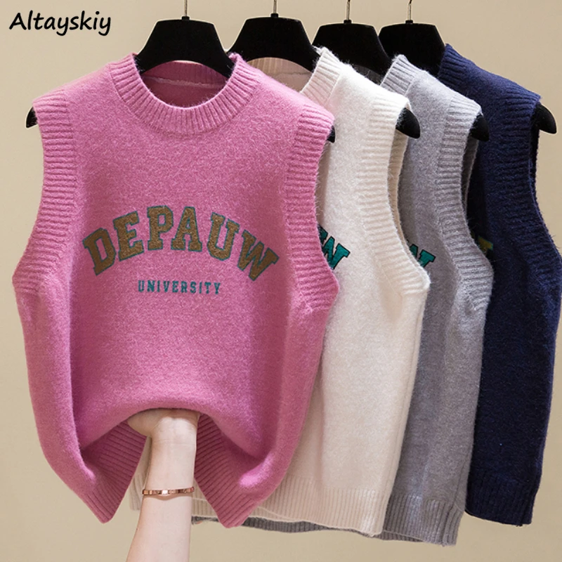 

Women Sweater Vests Letter Print Simple Round Neck Loose Sleeveless Jumper Students All-match Vintage Spring Casual Outwear Chic