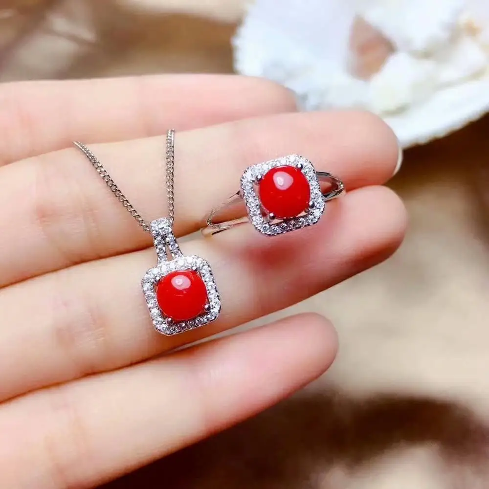 

shilovem 925 sterling silver Natural red coral pendants rings fine Jewelry trendy new send necklace gift 6*6mm tz0606922agsh