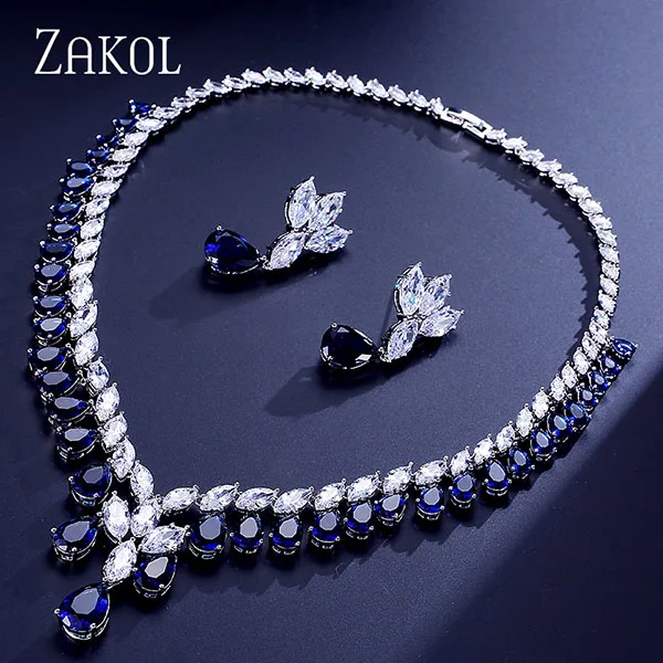 Blue Новинка от бренда ZAKOL, серьги в виде капли воды с кубическим цирконием и ожерелье, ювелирный набор, роскошный свадебный ужин, платье по заводской цене, FSSP306 - Окраска металла: Blue