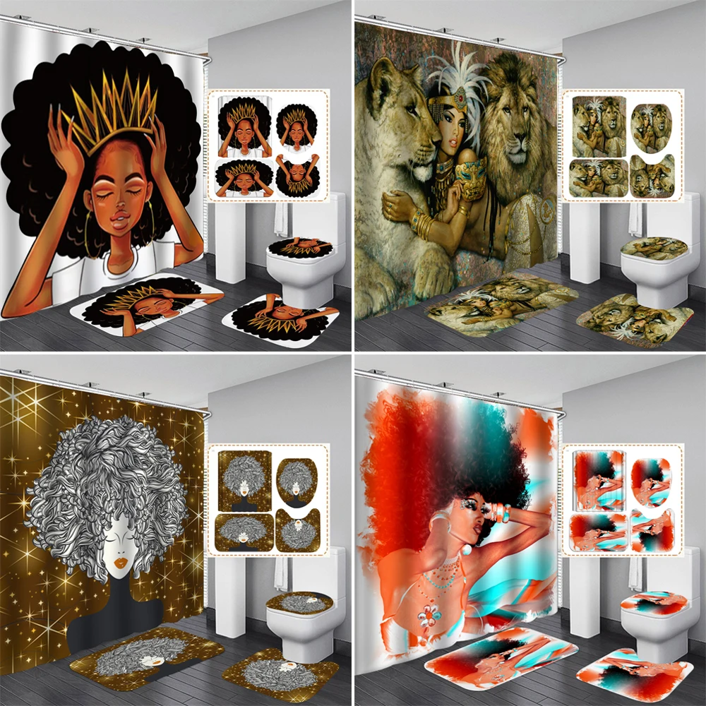 

Bipoobee Crown African Queen Women Bathroom Shower Curtain Afro Girl Anti-skid Rugs Carpet Toilet Lid Cover Bath Mat Set