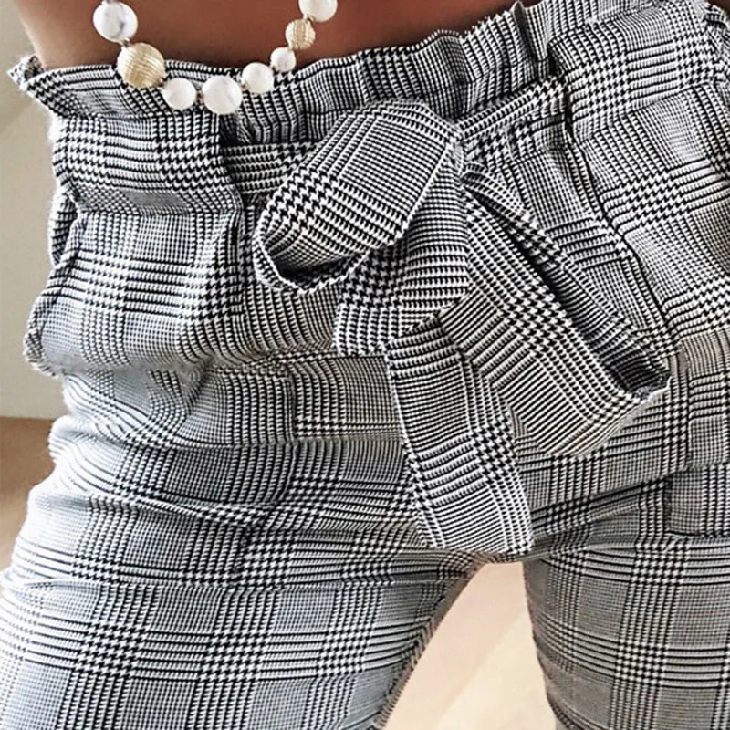 Office Lady Women Pants Plus Size 3XL Plaid Casual Elastic Waist Mid Pencil Pants Bow Ankle-Length Pants 2020 Spring Trousers