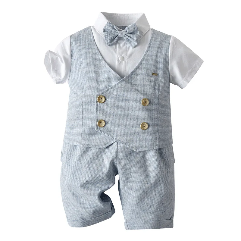 

3 sets [ T-shirt + Pant ] Wholesale Boys gentleman vest kids party outfit suit summer short-sleeved dress suit baby boys clothes