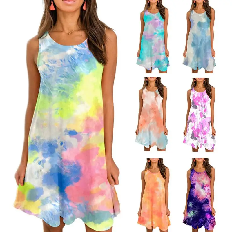 

Women Sleeveless O-Neck Loose Tank Dress Boho Gradient Tie-Dye Sundress Pockets