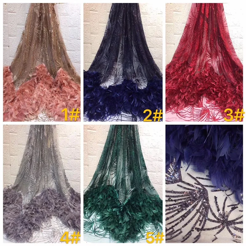 

New Africa Lace Fabric High Quality with manual feather Applique French tulle lace sequins Fabric Used for women Wedding dress