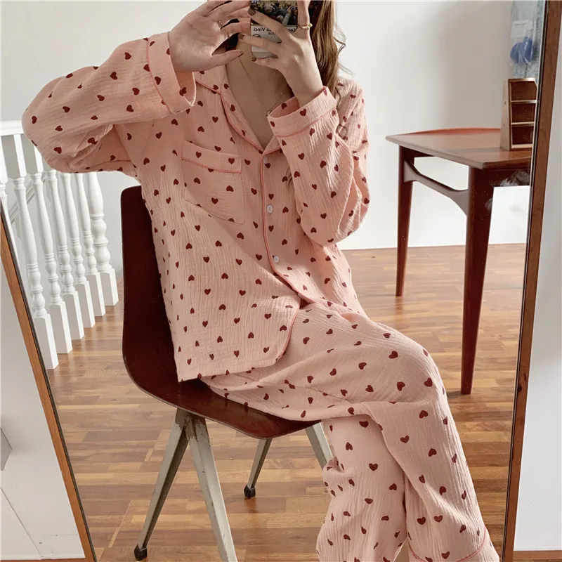 women home suit cotton pajamas set autumn winter sleepwear long sleeve shirts pants pyjamas comfortable cute love heart