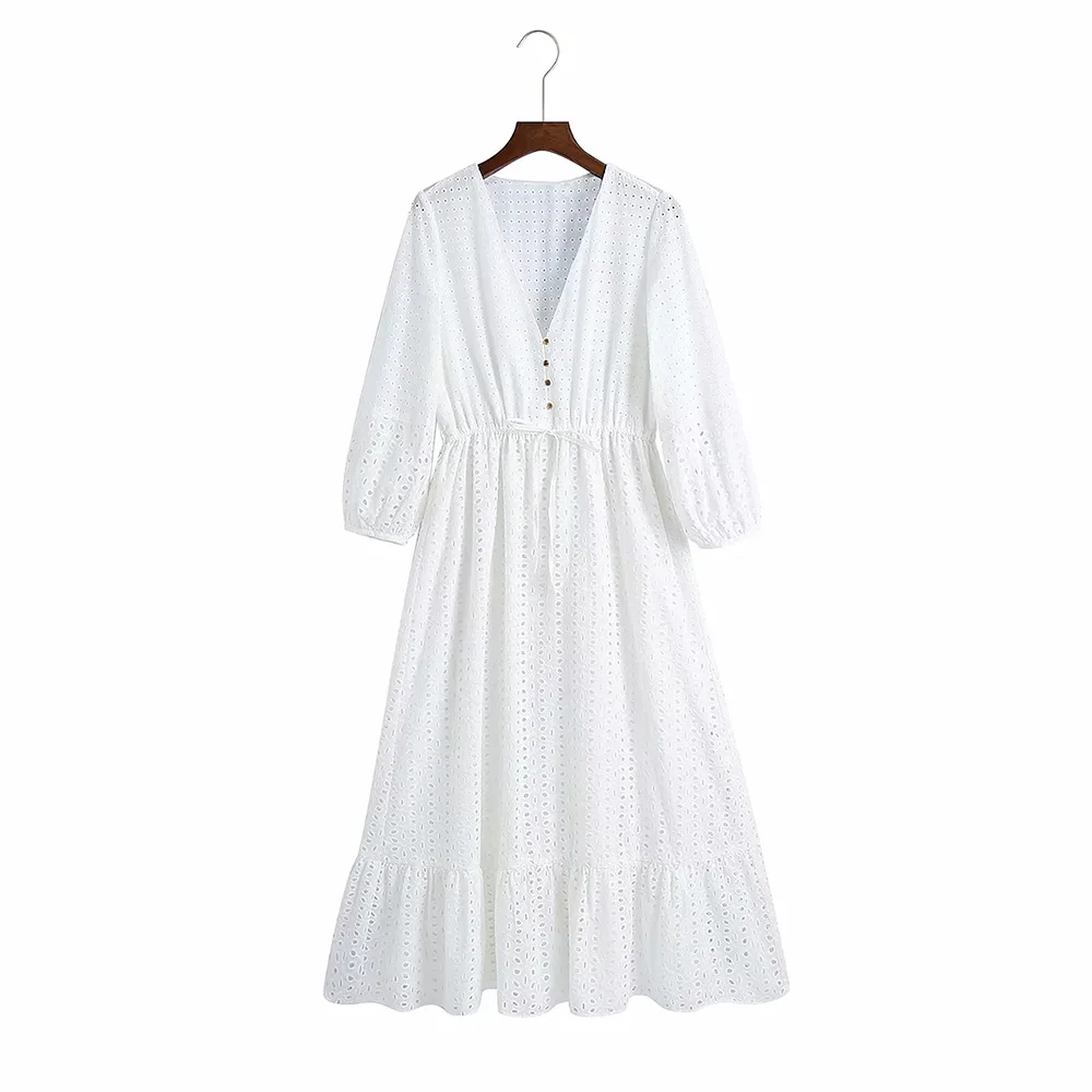 

BBWM Women Summer White V-Neck Dress Sleeve Buttons Bow Tie Slim Casual Female Elegant Party A-Line Dresses Clothes Vestidos