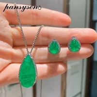 pansysen solid 925 sterling silver water drop shape emerald paraiba tourmaline gemstone necklace stud earrings fine jewelry sets