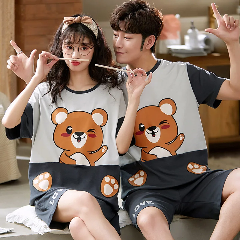 

Summer Cool Gray O-neck Men And Women Pajamas Set Cartoon Hip Hop Bears Women Sleepwear Soft Cotton Short Sleeve Couple Homewear