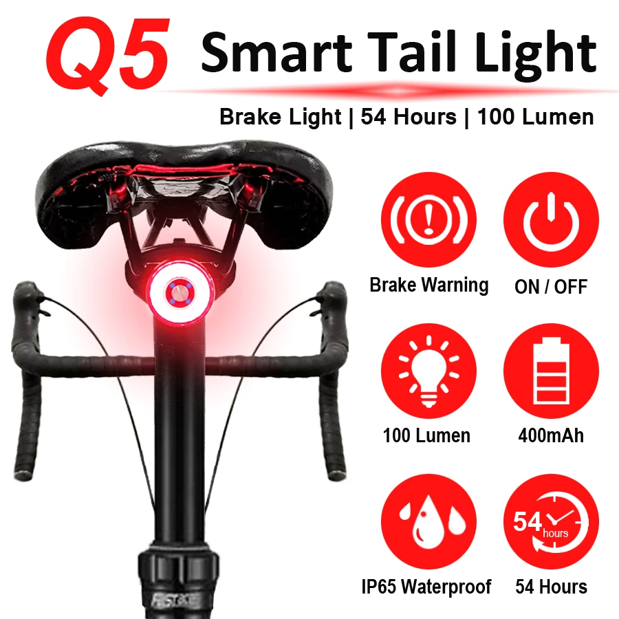 

Q5 Велосипедный Умный Авто Датчик Тормоза Задний Велосипедный Фонарь IPx6 Водонепроницаемый Светодиодный USB Зарядка Велоспорт Задний Фонарь ...