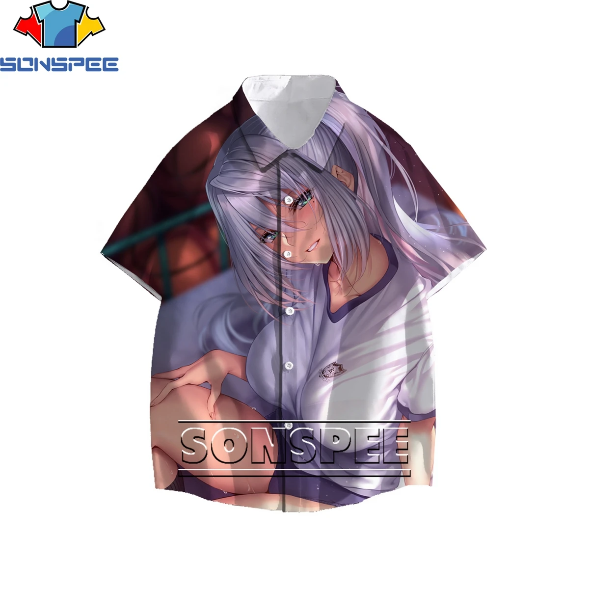 

SONSPEE Cartoon Anime Cute Sexy Beach Wet Body Girl Loli 3D Print Men's Shirt Summer Casual Otaku Hawaiian Beach Buttons Top