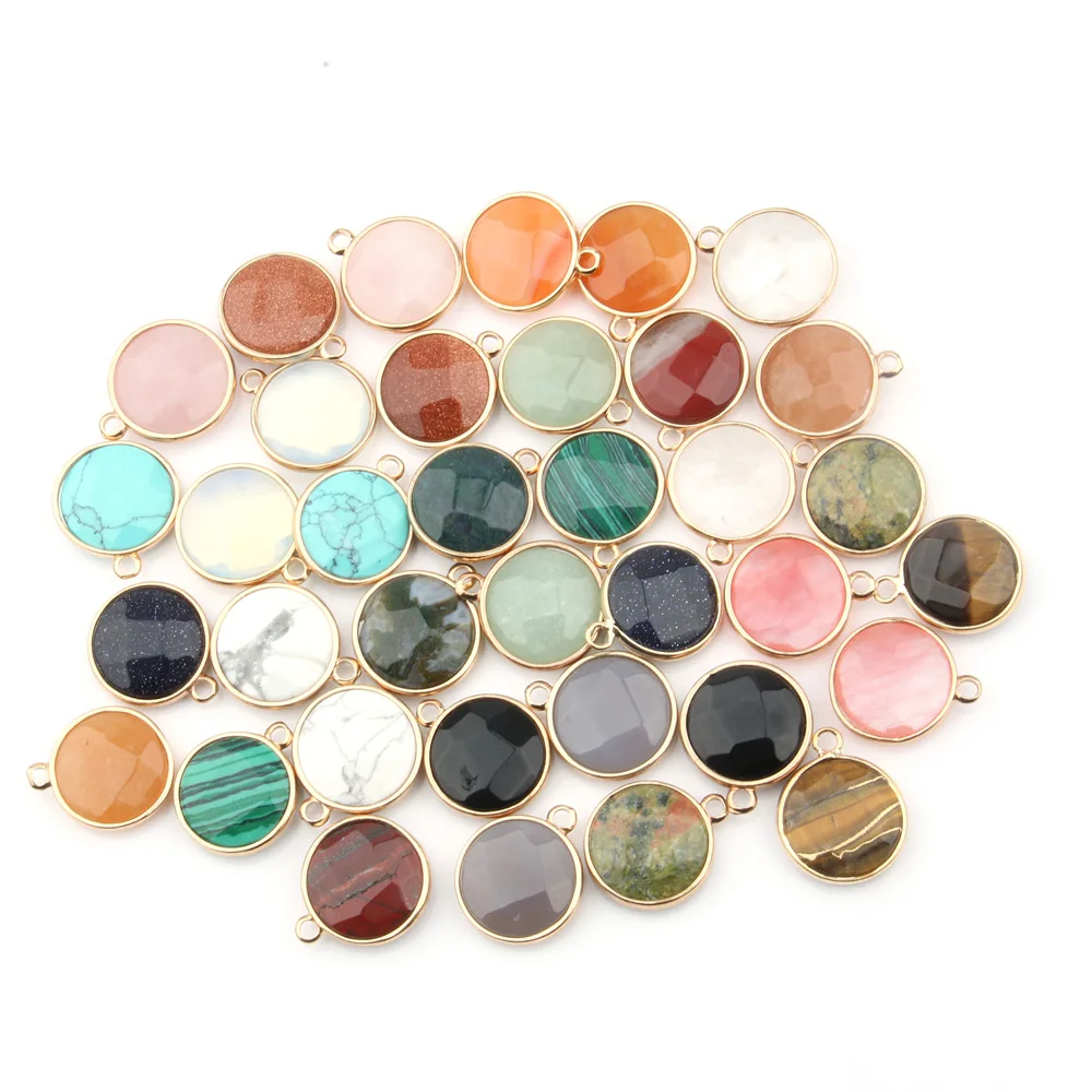 

2Pcs Natural Stone Pendant Round Shape Faceted Agated Golden Plated Pendant for Jewelry Making Necklace Gift for Women 18x21x7mm