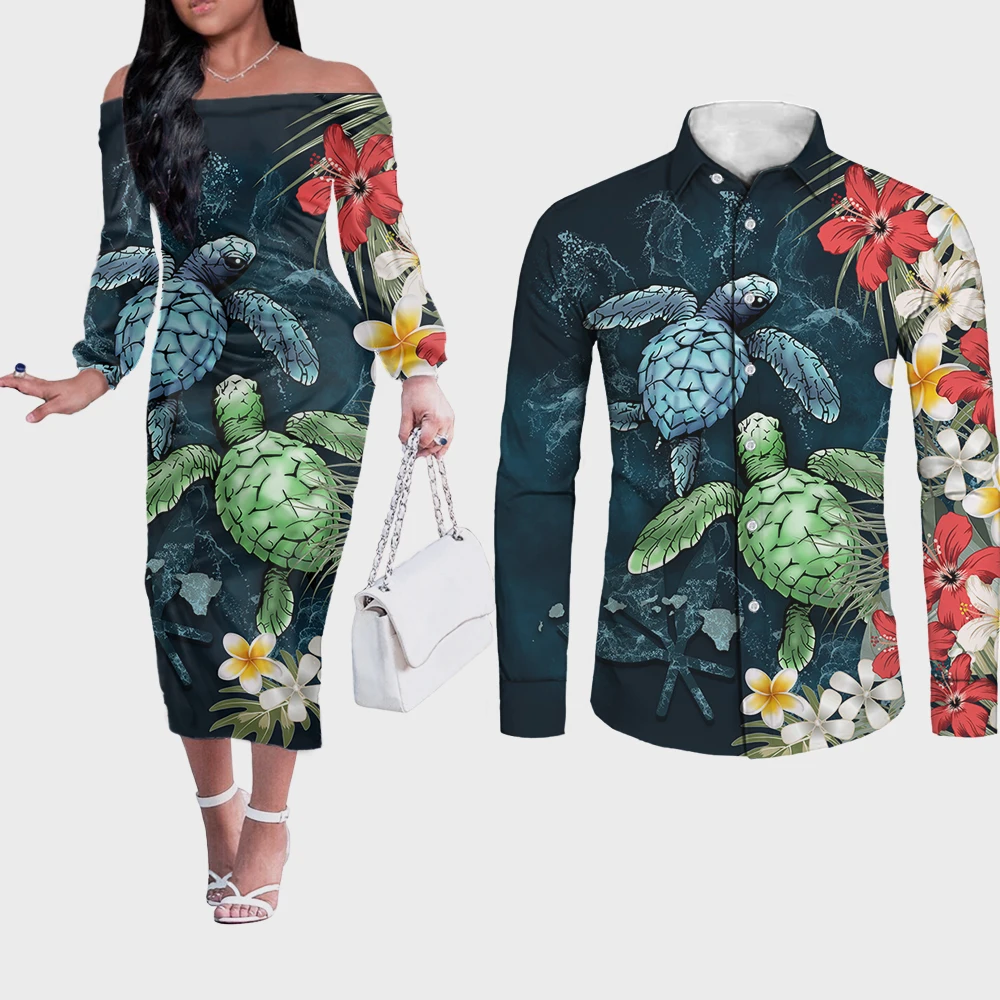 

NOISYDESIGNS Boho Sexy Women One Off Shoulder Bodycon Dress Hawaii Turtle Polynesian Hibiscus Plumeria Print Match Men Shirt