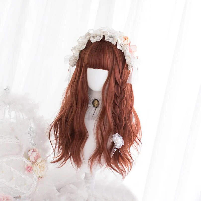 

Kawaii Lolita Wig Harajuku Orange Long Curly Hair Body Wave Fringe Bangs Adult Chic Girls Women Cosplay Daily Wear