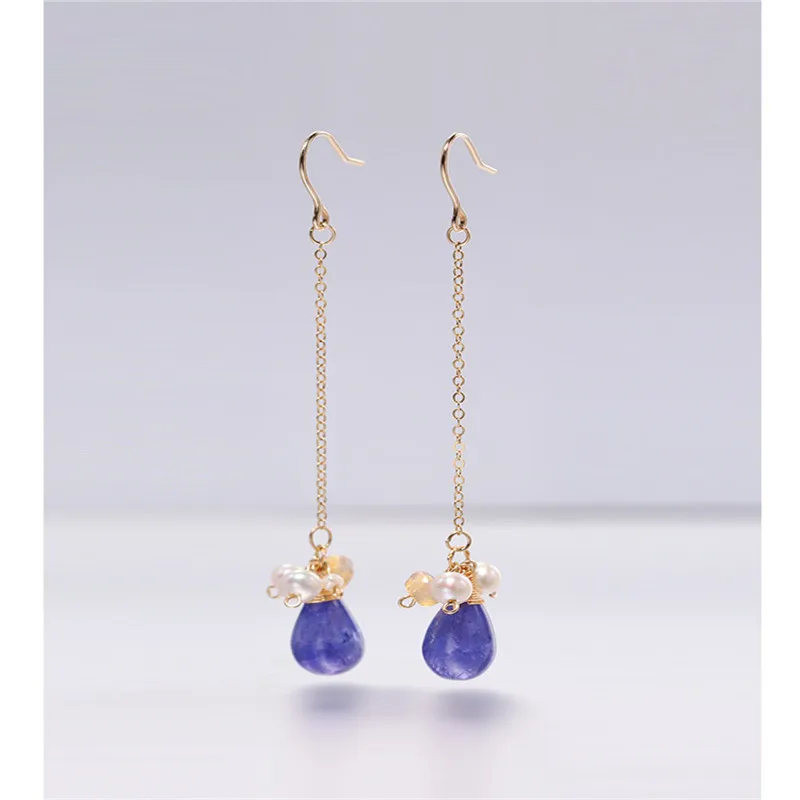 DMBS072 Plain face tanzanite earrings female yellow 14K gold Injection opal pearl for girlfriend gifts | Украшения и аксессуары